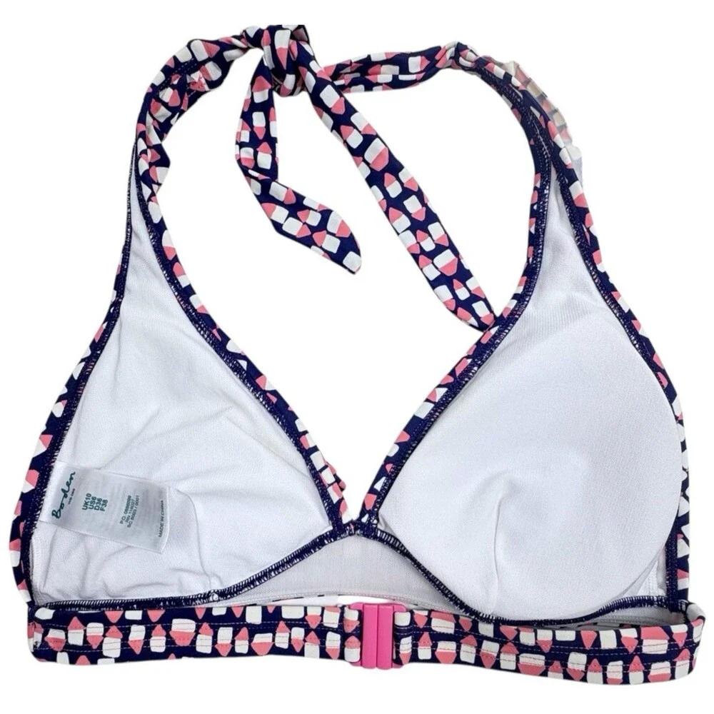 Boden Ruffle Halter Bikini Swim Top Pink Navy Geo Print US 6 Resort Beach